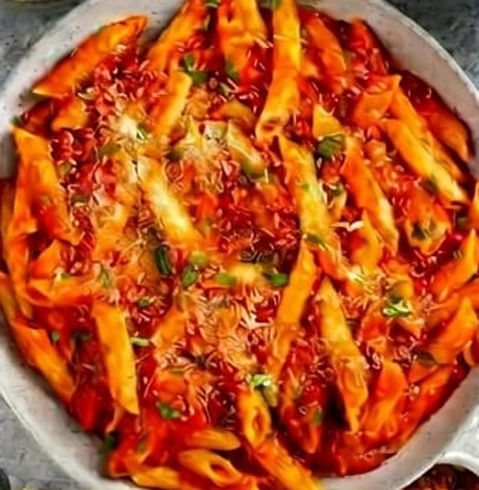 Family-size penne napolitana in a serving dish